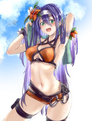 Rule 34 | 1girl, :d, absurdres, arms up, artist name, belt, bikini, blue hair, blue sky, blush, breasts, clear glass (mildmild1311), cleavage, cloud, collarbone, fire emblem, fire emblem: radiant dawn, flower, green eyes, hair flower, hair ornament, hairband, headband, highres, long hair, looking at viewer, medium breasts, mia (fire emblem), navel, nintendo, official alternate costume, open mouth, orange bikini, signature, sky, smile, solo, swimsuit, thigh strap, towel, very long hair, white hairband, white headband