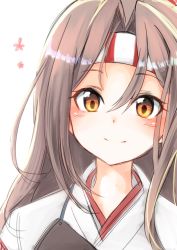 Rule 34 | 10eki (tenchou), 1girl, brown eyes, brown hair, close-up, hachimaki, headband, high ponytail, highres, japanese clothes, kantai collection, long hair, muneate, simple background, smile, solo, upper body, white background, zuihou (kancolle)
