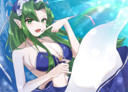 Rule 34 | 1girl, bikini, blue bikini, blue bra, blue headwear, blue sarong, blush, bow, bra, breasts, collarbone, commentary request, cup, earrings, fang, ghost tail, green eyes, green hair, hat, hat bow, highres, holding, holding cup, jewelry, large breasts, long hair, midriff, milll 77, mima (touhou), navel, open mouth, pointy ears, sarong, stomach, swimsuit, touhou, touhou (pc-98), underwear, very long hair, white bow, wizard hat, yellow bow