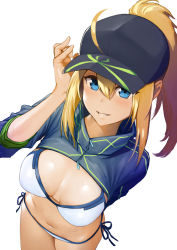 Rule 34 | 1girl, ahoge, arm behind back, artoria pendragon (fate), baseball cap, bikini, blonde hair, blue eyes, blue hat, blue jacket, blush, breasts, cleavage, commentary request, cowboy shot, fate/grand order, fate (series), from above, hair between eyes, hair through headwear, hand up, hat, highres, jacket, leaning forward, long hair, long sleeves, looking at viewer, medium breasts, mysterious heroine x (fate), mysterious heroine xx (fate), navel, nonderi, parted bangs, parted lips, ponytail, shrug (clothing), side-tie bikini bottom, simple background, smile, solo, stomach, swimsuit, white background, white bikini
