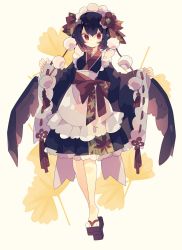 Rule 34 | 1girl, apron, bare legs, bird wings, black hair, black kimono, bow, breasts, commentary, expressionless, flower, frilled apron, frills, full body, geta, hair bow, hair flower, hair ornament, highres, japanese clothes, kimono, lace, lace-trimmed skirt, lace trim, long sleeves, looking ahead, looking at viewer, maid, maid headdress, medium breasts, medium skirt, nikorashi-ka, no nose, pleated skirt, pom pom (clothes), red bow, red eyes, ribbon-trimmed sleeves, ribbon trim, sash, shameimaru aya, short hair, skirt, sleeves past wrists, solo, standing, touhou, wa maid, white background, wide sleeves, wings