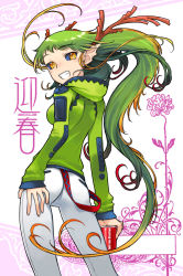 Rule 34 | 10s, 1girl, 2012, ass, black sclera, can, colored sclera, dragon girl, dragon horns, female focus, flower, german text, green hair, grin, hand on own ass, happy new year, highres, hood, hoodie, horns, long hair, looking back, monster girl, nakamura tetsuya, new year, pants, pointy ears, smile, solo, text focus, translated, wavy hair, white background, yellow eyes