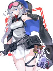 Rule 34 | 1girl, absurdres, arknights, armpits, bag, bag charm, black bag, black cape, black gloves, blue eyes, breasts, cape, charm (object), cowboy shot, dress, feather hair, fingerless gloves, flying sweatdrops, gloves, goggles, goggles on head, grey hair, hand up, highres, holding charm, hood, hood up, hooded cape, kawasumi (tk2k jade), leg up, long hair, looking at viewer, medium breasts, mulberry (arknights), open mouth, originium slug (arknights), originium slug beta (arknights), orirock (arknights), panda ornament, pocket sea crawler (arknights), short hair, teeth, upper teeth only, very long hair, white background, white dress