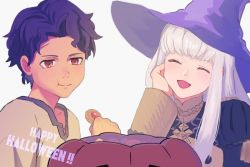Rule 34 | 1boy, 1girl, adz lrp, bad id, bad twitter id, brown hair, closed mouth, cookie, cyril (fire emblem), dark skin, dark-skinned male, eating, closed eyes, fire emblem, fire emblem: three houses, food, garreg mach monastery uniform, halloween bucket, happy halloween, hat, holding, holding food, long sleeves, lysithea von ordelia, nintendo, open mouth, short hair, simple background, uniform, upper body, white background, white hair, witch hat