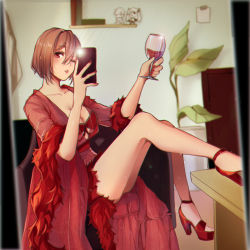 Rule 34 | 1girl, alcohol, book, brown eyes, brown hair, cellphone, commentary, couch, cup, dress, drinking glass, english commentary, feet on table, figure, fur-trimmed sleeves, fur trim, hands up, hatsune miku, high heels, holding, holding phone, indoors, kaito (vocaloid), lipstick, makeup, meiko (vocaloid), mirror, mixed-language commentary, nail polish, one eye closed, phone, plant, potted plant, pursed lips, red dress, red footwear, red nails, selfie, shelf, sitting, smartphone, solo, vocaloid, wine, wine glass, yen-mi