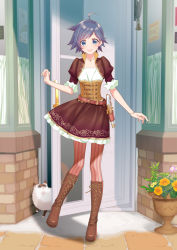 Rule 34 | 1girl, ahoge, bell, belt, blue eyes, blue hair, boots, bracelet, cat, contrapposto, corset, cross-laced footwear, curtains, day, dress, floral print, flower, full body, gun, hand up, handgun, highres, holster, holstered, jewelry, knee boots, layered dress, looking at viewer, necklace, nno (nocturnal blue), open door, open mouth, original, outdoors, pantyhose, pink pantyhose, purple skirt, sett, short hair, skirt, snow, solo, standing, standing on one leg, steampunk, storefront, striped clothes, striped pantyhose, underbust, vase, vertical-striped clothes, vertical-striped pantyhose, weapon