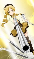 Rule 34 | 10s, 1girl, aiming, aiming at viewer, beret, blonde hair, boots, breasts, brown thighhighs, corset, detached sleeves, drill hair, dual wielding, dutch angle, foreshortening, gun, hair ornament, hairpin, hat, highres, holding, holding gun, holding weapon, light particles, magic circle, magical girl, magical musket, mahou shoujo madoka magica, mahou shoujo madoka magica (anime), medium breasts, pleated skirt, puffy sleeves, ribbon, rifle, shiori yuu, skirt, smile, solo, striped clothes, striped thighhighs, thighhighs, tomoe mami, twin drills, twintails, vertical-striped clothes, vertical-striped thighhighs, weapon, yellow eyes, zettai ryouiki