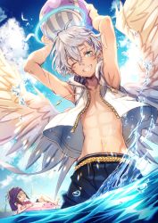 Rule 34 | 2boys, ;d, abs, angel, angel wings, aqua eyes, armpits, beach, blue male swimwear, blue swim trunks, blush, chromatic aberration, cloud, cloudy sky, commentary request, day, feathered wings, flower, flower necklace, from above, grin, hair between eyes, halo, headband, hero (merc storia), highres, innertube, jacket, jewelry, light brown hair, looking at viewer, male focus, male swimwear, merc storia, mito itsuki, multiple boys, navel, necklace, ocean, one eye closed, open clothes, open jacket, open mouth, orthos, palm tree, pants, partially submerged, sky, sleeveless, smile, splashing, spread wings, swim ring, swim trunks, swimsuit, teeth, topless male, tree, unzipped, wet, white hair, white wings, wings, zipper