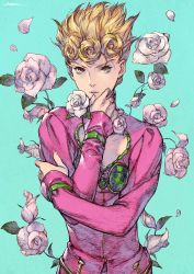 Rule 34 | 1boy, blonde hair, blue background, cleavage cutout, clothing cutout, curly hair, flower, giorno giovanna, highres, jacket, jojo no kimyou na bouken, jojo pose, kotatsu (g-rough), long sleeves, looking at viewer, male focus, parted lips, pink jacket, rose, solo, upper body, vento aureo, white flower, white rose, yellow eyes