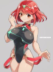 Rule 34 | 1girl, black one-piece swimsuit, blush, breasts, competition swimsuit, covered navel, earrings, enotou (enotou moi), gem, hair ornament, headpiece, jewelry, large breasts, looking at viewer, nintendo, one-piece swimsuit, pyra (pro swimmer) (xenoblade), pyra (xenoblade), red eyes, red hair, short hair, simple background, smile, solo, swept bangs, swimsuit, tiara, white background, xenoblade chronicles (series), xenoblade chronicles 2