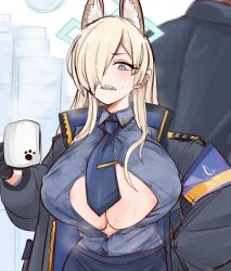 Rule 34 | 1boy, 1girl, animal ear fluff, animal ears, areola slip, black jacket, black skirt, blonde hair, blue archive, blue eyes, blue necktie, blue shirt, blush, breasts, collared shirt, cup, extra ears, green halo, hair over one eye, halo, highres, holding, holding cup, jacket, kanna (blue archive), large breasts, long hair, looking at viewer, navel, necktie, open clothes, open jacket, open mouth, sharp teeth, shiming liangjing, shirt, skirt, solo focus, teeth