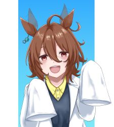 Rule 34 | 1girl, agnes tachyon (umamusume), ahoge, animal ears, black sweater vest, blue background, brown hair, coat, collared shirt, commentary request, earrings, hair between eyes, hair net, highres, horse ears, horse girl, jewelry, lab coat, looking at viewer, moriaka, open clothes, open coat, open mouth, red eyes, shirt, short hair, single earring, sleeves past fingers, sleeves past wrists, smile, solo, sweater vest, teeth, two-tone background, umamusume, upper body, upper teeth only, very long sleeves, white background, white coat, yellow shirt