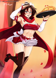 Rule 34 | 1girl, abs, absurdres, armpits, artist name, bare shoulders, black hair, blush, boots, breasts, choker, cloak, detached sleeves, feet out of frame, flower, food, gradient hair, hair between eyes, high heels, highres, holding, holding food, holding pizza, holding tray, looking at viewer, maid, maid headdress, medium breasts, midriff, multicolored hair, navel, open mouth, panties, patreon username, pizza, red hair, rose, ruby rose, rwby, salute, short hair, smile, solo, standing, strapless, teeth, thigh boots, thighhighs, tongue, tray, tube top, two-tone hair, underwear, vilde loh hocen, watermark, web address
