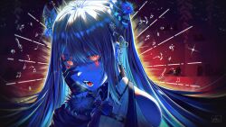 Rule 34 | 1girl, abstract background, absurdres, asymmetrical horns, bare shoulders, blue hair, blue light, colorful, demon horns, glowing, glowing eyes, hair ornament, highres, hololive, hololive english, horns, long hair, looking at viewer, mole, mole under eye, nerissa ravencroft, nerissa ravencroft (1st costume), open mouth, red eyes, sharp teeth, slit pupils, solo, teeth, uneven horns, virtual youtuber, waligner
