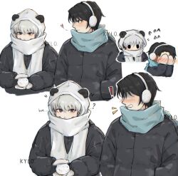 Rule 34 | !, 2boys, ?, absurdres, animal ears, animal hood, black coat, black hair, blue scarf, blush, chromatic aberration, coat, commentary, covered mouth, covering face, fake animal ears, grey hair, hand in pocket, heart, highres, holding snowball, hood, inumaki toge, jujutsu kaisen, kyllooelo, long sleeves, looking at another, male focus, multiple boys, okkotsu yuuta, open mouth, purple eyes, scarf, short hair, simple background, upper body, white background, white scarf, winter clothes, yaoi