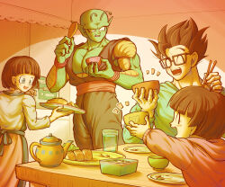 Rule 34 | 2boys, 2girls, :d, ^ ^, antennae, apron, arm up, biceps, black-framed eyewear, black hair, blue apron, blue eyes, blunt bangs, blush, bowl, chopsticks, closed eyes, colored skin, commentary request, cup, dougi, dragon ball, dragon ball super, earrings, eyelashes, family, fang, father and daughter, food, glasses, green shirt, green skin, hands up, holding, holding bowl, holding chopsticks, holding spoon, holding tray, hood, hood down, hoodie, husband and wife, indoors, jewelry, koukyouji, large pectorals, lettuce, long sleeves, looking at another, meat, mother and daughter, multiple boys, multiple girls, namekian, notice lines, open mouth, pan (dragon ball), pectorals, piccolo, plate, pointy ears, profile, rectangular eyewear, red hoodie, red sash, round teeth, sash, shirt, short hair, sitting, smile, son gohan, spiked hair, spoon, stud earrings, sweatdrop, table, teapot, teeth, tongue, tray, upper teeth only, v-shaped eyebrows, videl, water, white shirt, wooden spoon