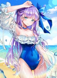 Rule 34 | 1girl, arm up, aseris, bare shoulders, beach, blue eyes, blue ribbon, blue sky, blush, breasts, choker, closed mouth, collarbone, covered navel, day, fate/grand order, fate (series), frills, hair ribbon, highleg, highleg swimsuit, highres, long hair, long sleeves, looking at viewer, meltryllis, meltryllis (fate), meltryllis (swimsuit lancer) (fate), meltryllis (swimsuit lancer) (second ascension) (fate), off-shoulder one-piece swimsuit, off shoulder, one-piece swimsuit, puffy sleeves, purple hair, ribbon, sky, sleeves past fingers, sleeves past wrists, small breasts, smile, solo, swimsuit, thighs, very long hair, water drop, white ribbon