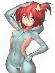 Rule 34 | 10s, 1girl, :o, blue eyes, bodysuit, breasts, bright pupils, cameltoe, covered navel, cowboy shot, covered erect nipples, fumio (rsqkr), hair ornament, hairclip, hand on own hip, looking at viewer, luluco, nipples, red hair, salute, short hair, side ponytail, sideboob, simple background, small breasts, solo, standing, uchuu patrol luluco, white background, wide hips