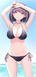 Rule 34 | 1girl, absurdres, armpits, arms up, bad id, bad twitter id, bare arms, bare shoulders, bikini, black bikini, black choker, black hair, bracelet, breasts, choker, cleavage, grin, halterneck, highres, ichiki 1, jewelry, large breasts, looking at viewer, mole, mole under mouth, nail polish, navel, original, outdoors, purple eyes, short hair, side-tie bikini bottom, smile, solo, standing, stomach, string bikini, swimsuit, thighs, wet