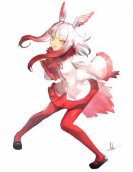 Rule 34 | 10s, 1girl, bird tail, black footwear, blunt bangs, full body, gloves, head wings, japanese crested ibis (kemono friends), kemono friends, long sleeves, looking at viewer, mary janes, medium hair, miniskirt, multicolored hair, open mouth, pantyhose, pleated skirt, red gloves, red pantyhose, red skirt, shirt, shoes, sidelocks, signature, silver hair, simple background, skirt, solo, standing, tail, two-tone hair, white background, white shirt, wings, xxx-ff, yellow eyes