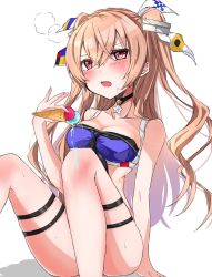 Rule 34 | 1girl, bikini, blue bikini, breasts, brown eyes, chigasaki yukari, cleavage, collarbone, commentary request, detached collar, fang, feet out of frame, food, hair ribbon, highres, ice cream, johnston (kancolle), kantai collection, light brown hair, long hair, looking at viewer, medium breasts, open mouth, ribbon, simple background, sitting, solo, star (symbol), swimsuit, two side up, white background