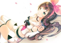 Rule 34 | 1girl, black bow, blush, bow, breasts, brown hair, closed mouth, collarbone, commentary request, detached sleeves, dutch angle, green eyes, hair ribbon, hairband, hand up, kizuna ai, kizuna ai inc., long hair, long sleeves, looking at viewer, looking to the side, lying, medium breasts, midriff, multicolored hair, navel, on back, petals, pink hair, pink hairband, pink ribbon, ribbon, sailor collar, sailor shirt, shirt, short shorts, shorts, sibyl, sleeveless, sleeveless shirt, sleeves past wrists, smile, solo, streaked hair, striped, striped bow, thighhighs, very long hair, virtual youtuber, white background, white sailor collar, white shirt, white shorts, white thighhighs