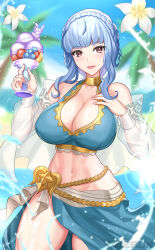 Rule 34 | 1girl, :d, absurdres, alternate eye color, bare shoulders, bikini, blue bikini, blue hair, blue sky, blurry, blurry background, braid, breasts, commentary request, cowboy shot, crown braid, day, fire emblem, fire emblem: three houses, fire emblem heroes, highres, large breasts, looking at viewer, marianne von edmund, medium hair, navel, nez-box, nintendo, official alternate costume, open mouth, outdoors, purple eyes, sarong, sky, smile, solo, standing, stomach, swimsuit, thighs