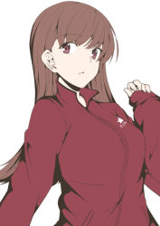 Rule 34 | 1girl, brown eyes, brown hair, clothes writing, commentary request, commission, cosplay, jacket, kantai collection, kiso (kancolle), kiso (kancolle) (cosplay), long hair, looking at viewer, ooi (kancolle), red jacket, simple background, solo, taira yuuki, track jacket, upper body, white background