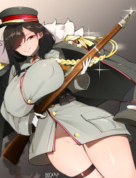 Rule 34 | 1girl, artist name, black hair, boca, breast rest, breasts, brown eyes, general liu (girls&#039; frontline), girls&#039; frontline, gloves, gun, hair over one eye, highres, huge breasts, long hair, military, military uniform, mole, mole under eye, no panties, puffy nipples, rifle, signature, sniper rifle, solo, thick thighs, thighs, uniform, weapon, white gloves