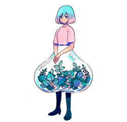 Rule 34 | 1girl, aqua eyes, aqua hair, full body, gradient hair, highres, leaf, looking at viewer, meyoco, multicolored hair, original, own hands together, pink hair, pink shirt, shirt, short hair, short sleeves, simple background, solo, standing, traditional media, white background