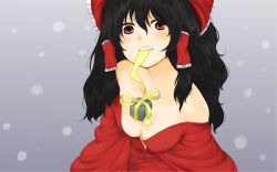 Rule 34 | 1girl, bare shoulders, between breasts, black hair, blush, bow, breasts, cleavage, female focus, gift, hair bow, hair tubes, hakurei reimu, japanese clothes, kimono, morodashi, mouth hold, off shoulder, red eyes, ribbon, snowing, solo, touhou