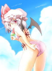 Rule 34 | 1girl, adjusting clothes, adjusting swimsuit, alternate costume, ass, bat wings, bikini, cloud, day, female focus, food, hat, hat ribbon, highres, popsicle, red eyes, remilia scarlet, ribbon, short hair, silver hair, sky, solo, swimsuit, take tonbo, touhou, watermelon bar, wings