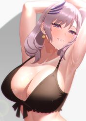 Rule 34 | 1girl, aqua eyes, armpits, arms up, black bra, bra, breasts, cipher4109, cleavage, commentary, earrings, english commentary, feather hair ornament, feathers, grin, hair ornament, highres, hololive, hololive indonesia, jewelry, large breasts, looking at viewer, pavolia reine, purple hair, smile, solo, sweat, underwear, upper body, virtual youtuber