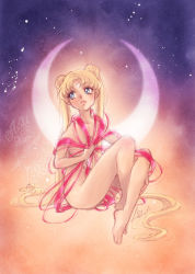 Rule 34 | 1girl, 2013, abstract background, artist logo, artist name, between fingers, between thighs, bishoujo senshi sailor moon, blonde hair, blue eyes, blush, breasts, collarbone, crescent, crescent moon, crossed ankles, double bun, facial mark, forehead mark, full body, gradient background, hair bun, hand on own leg, hands on own chest, head tilt, highres, holding, holding ribbon, lips, long hair, looking away, looking to the side, moon, naked ribbon, navel, nipples, nude, olga andriyenko, parted bangs, parted lips, pink ribbon, print ribbon, ribbon, sailor moon, see-through, signature, sitting, solo, striped ribbon, thighs, tsukino usagi, twintails, very long hair