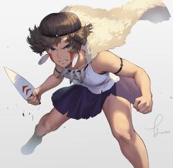 Rule 34 | 1girl, angry, artist name, bare arms, bare shoulders, black headband, blue eyes, blue skirt, bob cut, boots, breasts, brown footwear, brown hair, cape, clenched teeth, collarbone, commentary, dagger, dated, earrings, facepaint, facial mark, fighting stance, floating cape, floating hair, foot out of frame, fur cape, headband, highres, holding, holding dagger, holding knife, holding weapon, jewelry, knife, looking at viewer, medium breasts, midorimura naoki, mononoke hime, necklace, pelt, san (mononoke hime), shirt, short hair, signature, simple background, skirt, sleeveless, solo, spread legs, standing, studio ghibli, tank top, teeth, tooth necklace, torn clothes, v-shaped eyebrows, weapon, white background, white cape, white shirt, white tank top