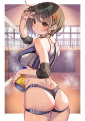 Rule 34 | 1girl, ass, ball, black shorts, blush, breasts, brown eyes, brown hair, commentary, elbow sleeve, eyelashes, hair ornament, hairclip, hand up, highres, indoors, kink (tortoiseshell), large breasts, lips, looking back, original, short hair, shorts, solo, sportswear, steaming body, sweat, t-back spats, tank top, thick thighs, thighs, volleyball, volleyball (object), volleyball net, volleyball uniform, wet, wet clothes, window