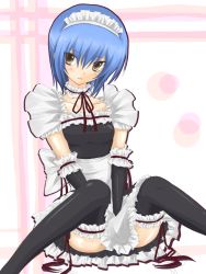 Rule 34 | bad id, bad pixiv id, blue hair, brown eyes, highres, little busters!, maid, nishizono midori, nishizono mio, sato toshiya, short hair, solo, thighhighs, transparent background