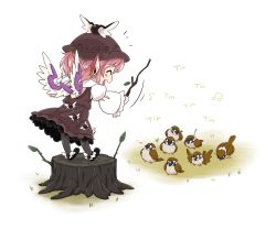 Rule 34 | 1girl, ^ ^, animal ears, bird, bird wings, blush stickers, brown dress, byourou, chibi, closed eyes, conductor, dress, ear piercing, earrings, closed eyes, female focus, hat, jewelry, long sleeves, music, musical note, mystia lorelei, o o, open mouth, piercing, pink hair, puffy sleeves, shirt, short hair, singing, single earring, sleeping, smile, solo, sparrow, stick, touhou, tree stump, wide sleeves, wings, zzz