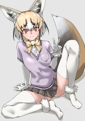 Rule 34 | 1girl, absurdres, animal ears, black hair, blonde hair, blush, bow, bowtie, commentary, elbow gloves, extra ears, fox ears, fox girl, fox tail, fur trim, gloves, grey skirt, highres, kemono friends, looking at viewer, multicolored hair, no shoes, pink shirt, pleated skirt, red eyes, rueppell&#039;s fox (kemono friends), shirt, short hair, short sleeves, skirt, solo, t-shirt, tail, tanabe (fueisei), thighhighs, v, white fur, white gloves, white hair, white thighhighs, yellow bow, yellow bowtie, zettai ryouiki