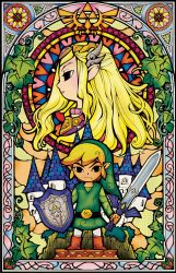 Rule 34 | 1boy, 1girl, belt, black eyes, blonde hair, boots, castle, faux traditional media, hair ornament, hat, highres, himekawa akira, holding, holding sword, holding weapon, ivy, jewelry, link, long hair, master sword, necklace, nintendo, official art, plant, pointy ears, princess zelda, shield, stained glass, sword, the legend of zelda, the legend of zelda: the wind waker, tiara, toon link, toon zelda, triforce, weapon