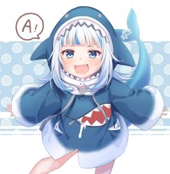 Rule 34 | 1girl, :d, a (phrase), animal hood, blue eyes, blue hair, blunt bangs, blush, commentary request, feet out of frame, fins, fish bone, fish tail, gao, gawr gura, gawr gura (1st costume), gradient clothes, hololive, hololive english, hood, hoodie, kisukekun, leaning forward, long sleeves, looking at viewer, medium hair, multicolored hair, open mouth, pocket, shark, shark hood, shark tail, sharp teeth, sidelocks, silver hair, simple background, sleeves past wrists, smile, solo, spoken letter, standing, streaked hair, tail, teeth, two-tone background, v-shaped eyebrows, virtual youtuber, wide sleeves