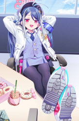 Rule 34 | 1girl, :d, antenna hair, armband, arms behind head, badge, black pantyhose, blue archive, blue hair, blue necktie, chair, crossed legs, deadnooodles, doughnut, feet on table, food, fubuki (blue archive), grey hair, halo, highres, jacket, leaning back, looking at viewer, multicolored hair, necktie, open mouth, pantyhose, red eyes, shoe soles, shoes, sitting, smile, sneakers, solo, white jacket