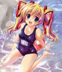 Rule 34 | 1girl, :d, absurdres, ball, bare shoulders, barefoot, beachball, blonde hair, blue eyes, breasts, cleavage, hagano ichigo, hair ribbon, highres, in water, komatsu eiji, long hair, looking at viewer, medium breasts, one-piece swimsuit, open mouth, original, ribbon, school swimsuit, sitting, smile, solo, swimsuit, tongue, twintails, wariza, water, wet