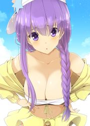 Rule 34 | 10s, 1girl, :o, bare shoulders, bb (fate), bb (fate) (all), bb (swimsuit mooncancer) (fate), bb (swimsuit mooncancer) (first ascension) (fate), bikini, bikini top only, braid, breasts, cleavage, day, fate/extra, fate/extra ccc, fate/grand order, fate (series), hand on own hip, hanging breasts, hat, huge breasts, kurikara, leaning forward, light purple hair, long hair, looking at viewer, off shoulder, purple eyes, side braid, sky, solo, swimsuit, upper body, very long hair, white bikini