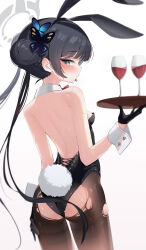 Rule 34 | 1girl, absurdres, alcohol, animal ears, ass, black gloves, black hair, black leotard, black pantyhose, blue archive, blurry, blush, breasts, butterfly hair ornament, closed mouth, cocokawa (cjsj8353), cowboy shot, cup, depth of field, double bun, drinking glass, fake animal ears, fake tail, from behind, gloves, gradient background, grey eyes, grey halo, hair bun, hair ornament, halo, highres, holding, holding tray, kisaki (blue archive), leotard, long hair, looking at viewer, looking back, pantyhose, rabbit ears, rabbit tail, small breasts, solo, strapless, strapless leotard, tail, torn clothes, torn pantyhose, tray, twintails, wine, wine glass, wrist cuffs