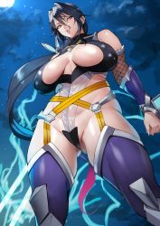 Rule 34 | 1girl, ass, breasts, curvy, duplicate, from below, highleg, highleg leotard, highres, holding, holding sword, holding weapon, huge breasts, leotard, night, night sky, ponytail, revealing clothes, sky, solo, sword, taimanin (series), uehara rin, weapon, wide hips, yoshio (55level)