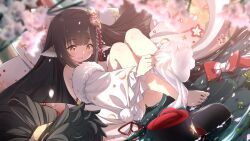 Rule 34 | 1girl, absurdly long hair, animal ears, azur lane, black hair, blurry, blurry foreground, blush, bow, cherry blossoms, detached sleeves, falling petals, feet, frilled sleeves, frills, fur-trimmed sleeves, fur trim, hair ornament, harutsuki (a dance for the coming spring) (azur lane), harutsuki (azur lane), highres, japanese clothes, kanzashi, kimono, legs, long hair, long sleeves, looking at viewer, open mouth, pantyhose, petals, petals on liquid, pink kimono, putting on legwear, red bow, sandals, shoes, single barefoot, smile, soles, solo, thighs, toes, unworn bow, unworn shoes, very long hair, white pantyhose, wide sleeves, woori (jtfy3485), yellow eyes, zouri