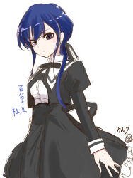 Rule 34 | 1girl, arm at side, artist name, assault lily, black ribbon, black skirt, blue hair, blue ribbon, breasts, closed mouth, commentary request, cropped jacket, frilled skirt, frills, hair ribbon, hand on own hip, hayami katsura, high-waist skirt, highres, juliet sleeves, long hair, long sleeves, looking at viewer, low ponytail, medium breasts, neck ribbon, ponytail, puffy sleeves, purple eyes, ribbon, school uniform, shirt, sidelocks, simple background, sketch, skirt, solo, standing, translated, urutsu sahari, white background, white shirt, yurigaoka girls academy school uniform