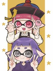 Rule 34 | 2girls, claw pose, commentary request, double v, grey eyes, hat, highres, inkling, inkling girl, inkling player character, long hair, medium hair, mina p, multiple girls, nintendo, open mouth, pillarboxed, pointy ears, purple hair, purple shirt, qingdai guanmao, red eyes, red hair, shirt, smile, splatoon (series), splatoon 3, star (symbol), teeth, upper body, upper teeth only, v, yellow background