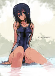 Rule 34 | 1girl, blue eyes, blue hair, blush, competition swimsuit, head tilt, highres, long hair, matching hair/eyes, one-piece swimsuit, original, refeia, sitting, sketch, soaking feet, solo, swimsuit, tears, water